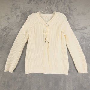 Entro Womens Sweater‎ Cable Knit Pullover Grommet Tie Crew Collar Off White S